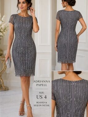 Adrianna Papell Gray Beaded Midi Sheath Dress